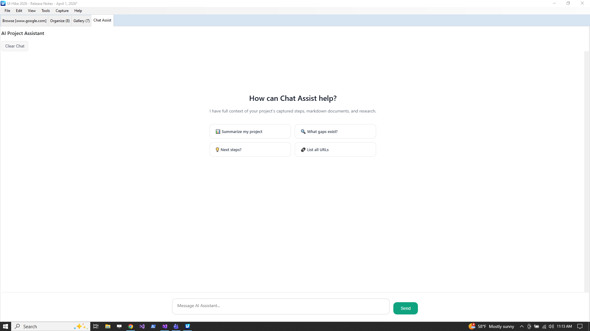 UIHike chat assist tab — AI Project Assistant with quick prompts